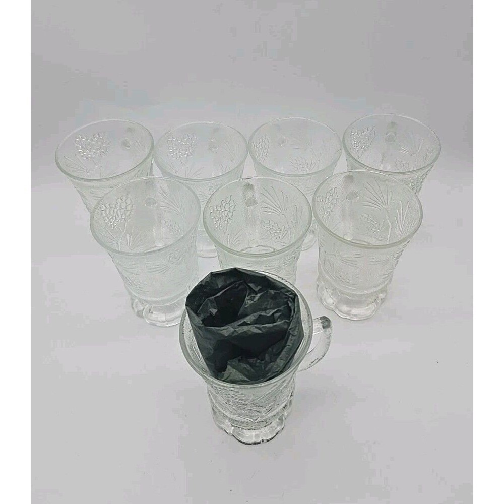 Vintage Tiara Indiana Clear "PONDEROSA PINE" Footed Coffee Mugs Set of 8